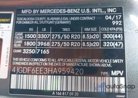 2017 Mercedes-Benz Gls 450 4Matic из США, поврежденный, VIN 4JGDF6EE3HA959420